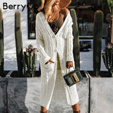 BerryGo Long sleeve warm cardigan female Knitting long cardigan sweater women jumper White pocket pull knit sweater shirt pure