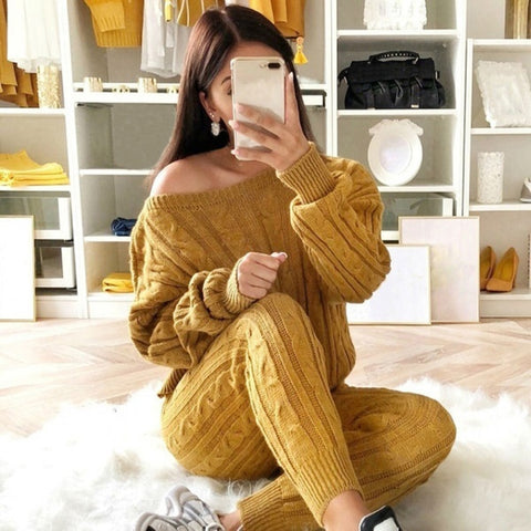 CALOFE Autumn New Cotton Tracksuit Women 2 Piece Set Sweater Top+Pants Knitted Suit O-Neck Knit Set Women Outwear 2 Piece Set