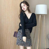 2019 Autumn Winter Womans V-necked Cardigan Knitted Coat + High-waisted Tweed Skirt Two Piece Girl Ladies Skirts Set Outfits