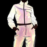 Women Tracksuit 2 Piece Set Hip Hop Reflective Crop Top Pants Fashion Female Loose Zipper Jacket Coat Matching Sets Plus Size