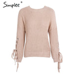 Simplee Casual o neck knitted sweater women jumper Lace up sleeve knitting pull femme 2019 autumn winter sweater pullover female