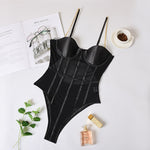 Cryptographic Black Mesh Transparent Bodysuit Metal Chain Straps Backless Bodysuits Sexy Bodycon Jumpsuit Fashion Club Party