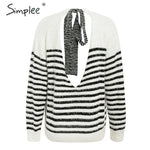 Simplee Sexy backless lace up mohair women pullover sweater Autumn winter soft female sweater casual Strip o-neck ladies jumper