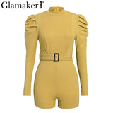 Glamaker Lurex yellow bodycon short jumpsuit O neck long puff sleeve belt elegant women jumpsuit Autumn winter sexy jumpsuit