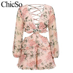 MissyChilli Chiffon floral print short jumpsuit female Women lace up v-neck elegant romper Winter ruffles sexy backless playsuit