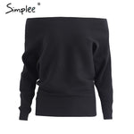 Simplee Off shoulder sexy elastic knitting pullover female Bat long sleeve knitted sweater women Fashion jumper pull knit shirt