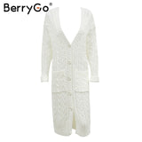 BerryGo Long sleeve warm cardigan female Knitting long cardigan sweater women jumper White pocket pull knit sweater shirt pure