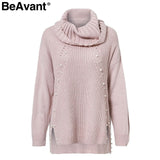 BeAvant Turtleneck plus size loose knitted sweater Beading split casual pullover sweater Long sleeve womens jumpers winter 2019