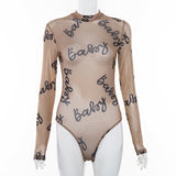 Cryptographic Transparent Mesh Bodysuit Bodycon Sexy Jumpsuits Slim Long Sleeve Women Tops Letter Print Fashion Body Clothes